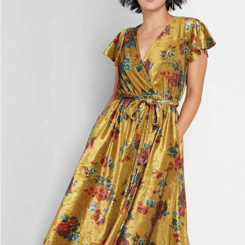Modcloth A Line velvet Mustard Floral Wrap Midi Dress Small New without tag - Picture 6 of 10